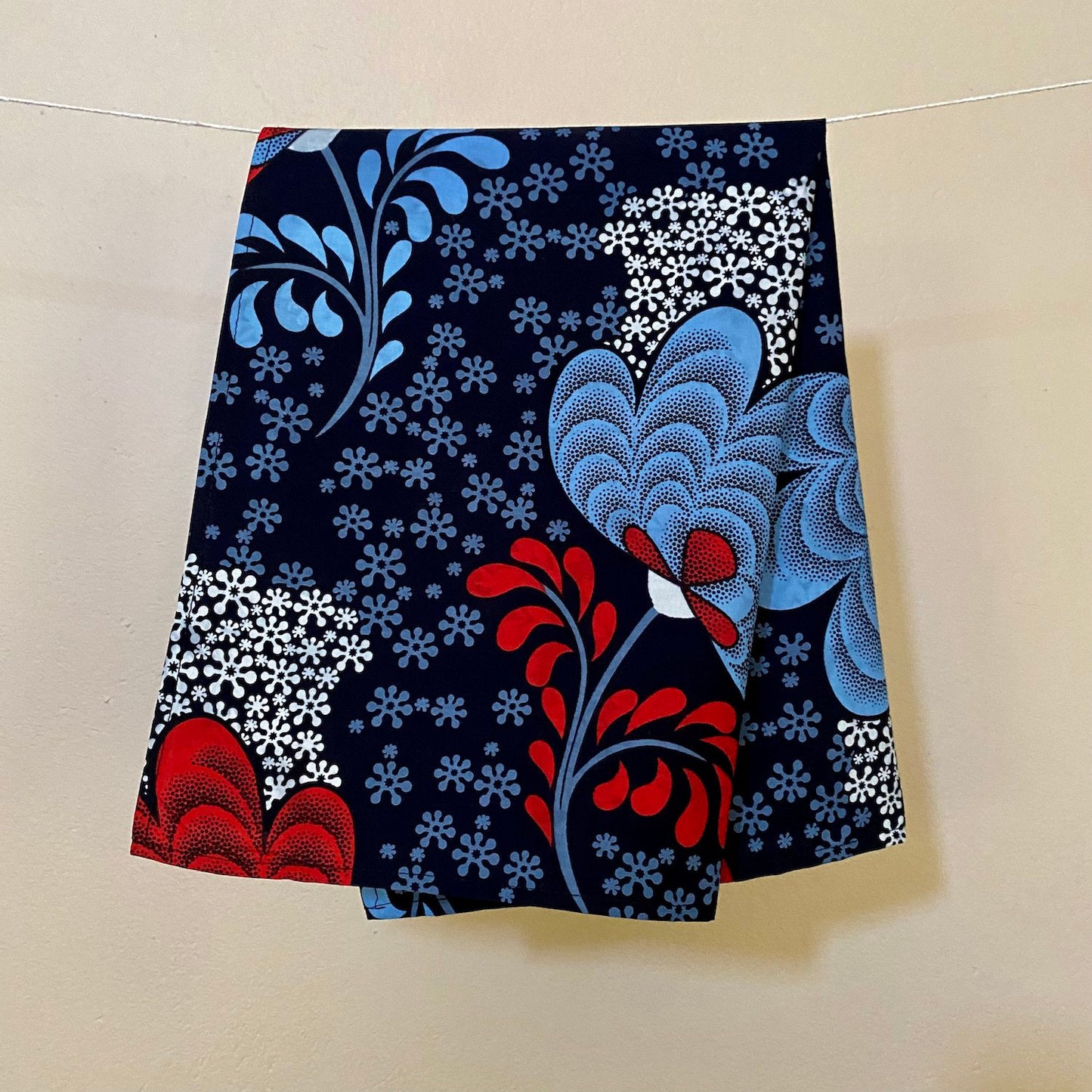 Blues, Red, Grey, and White Floral Print Tea Towel