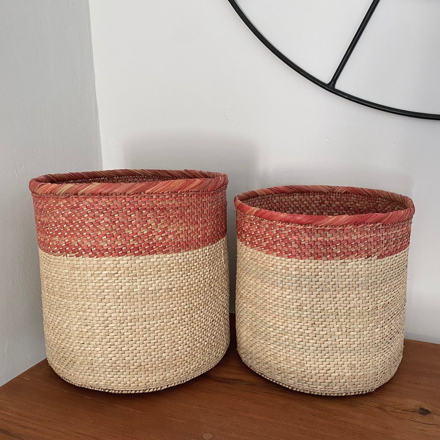 Salmon Striped Palm Leaf Storage Baskets