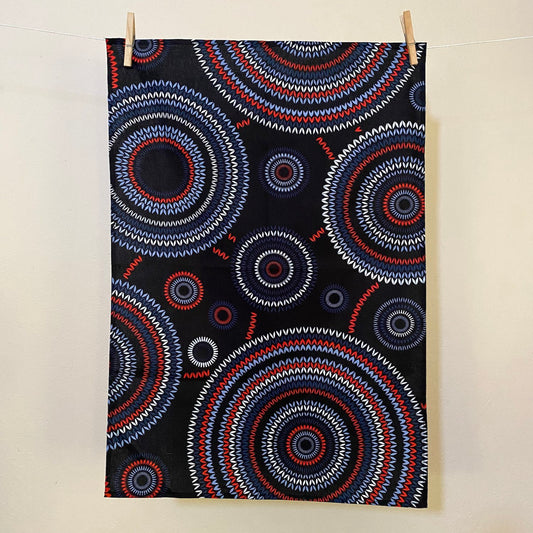 Red, Blue, and Black Geometric Print Tea Towel