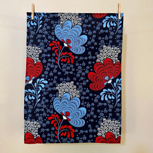 Blues, Red, Grey, and White Floral Print Tea Towel