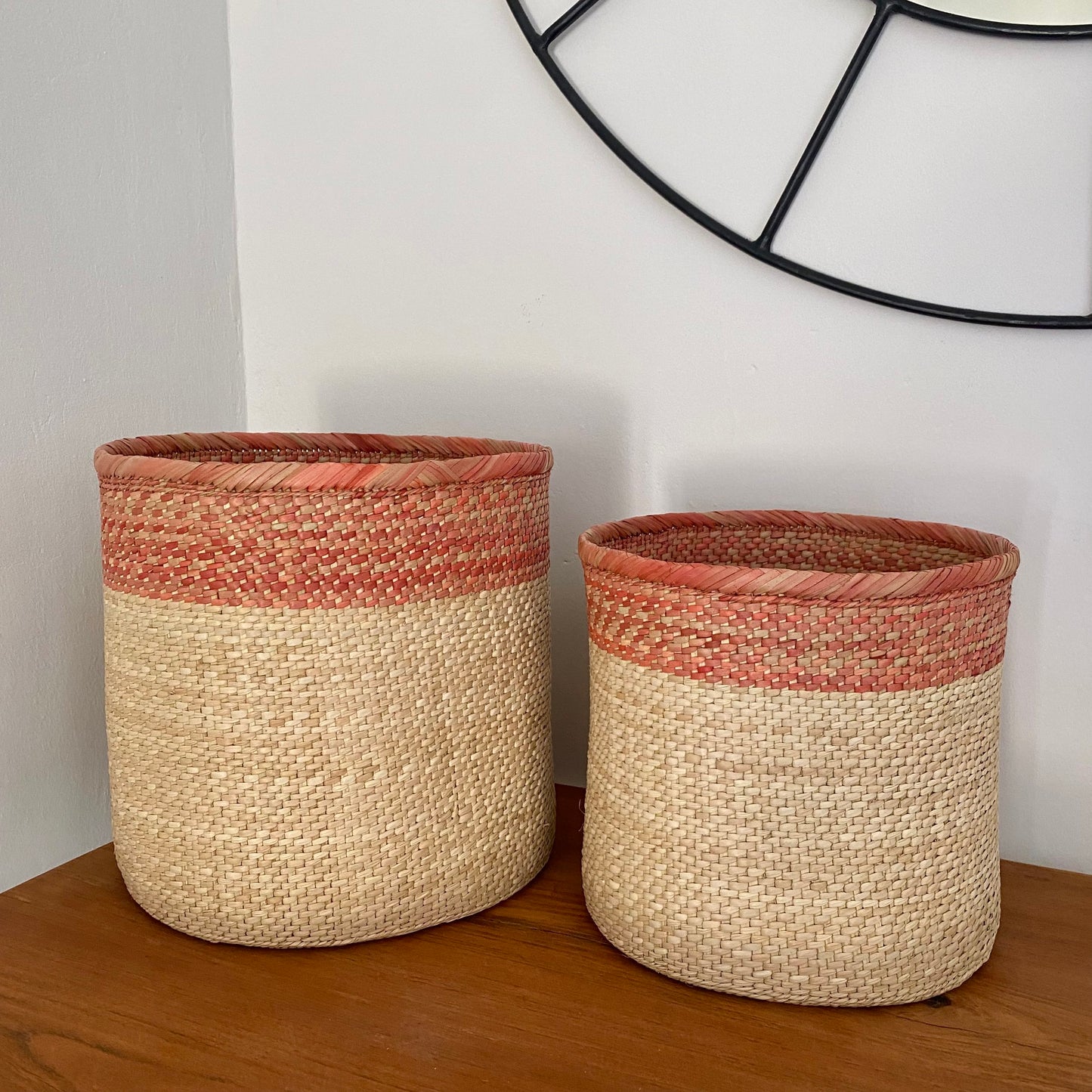 Salmon Striped Palm Leaf Storage Baskets