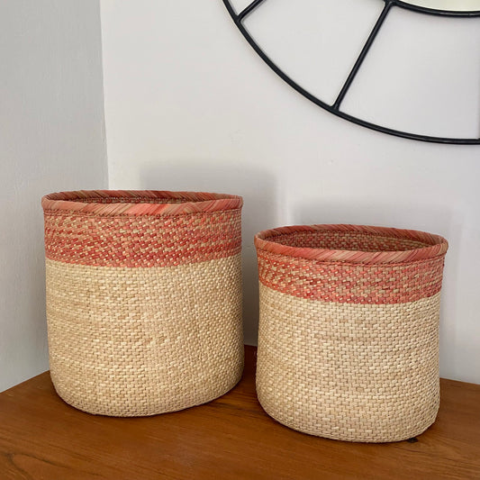 Salmon Striped Palm Leaf Storage Baskets