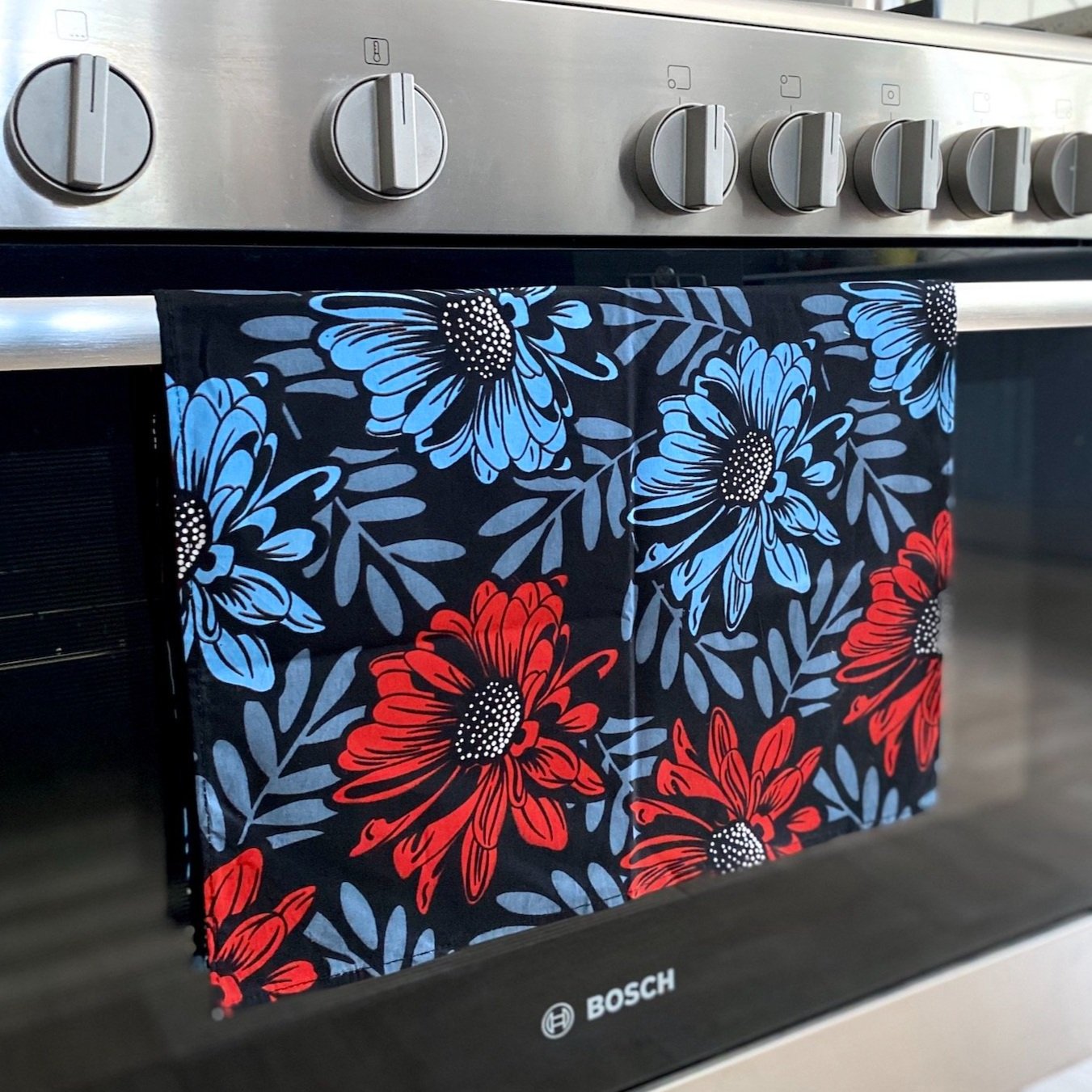 Blue, Red, and Grey Floral Tea Towel